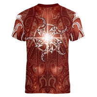 New Zealand Matariki Pohutukawa Women V-Neck T-Shirt Maori Moko Red Galaxy LT05 - Polynesian Pride