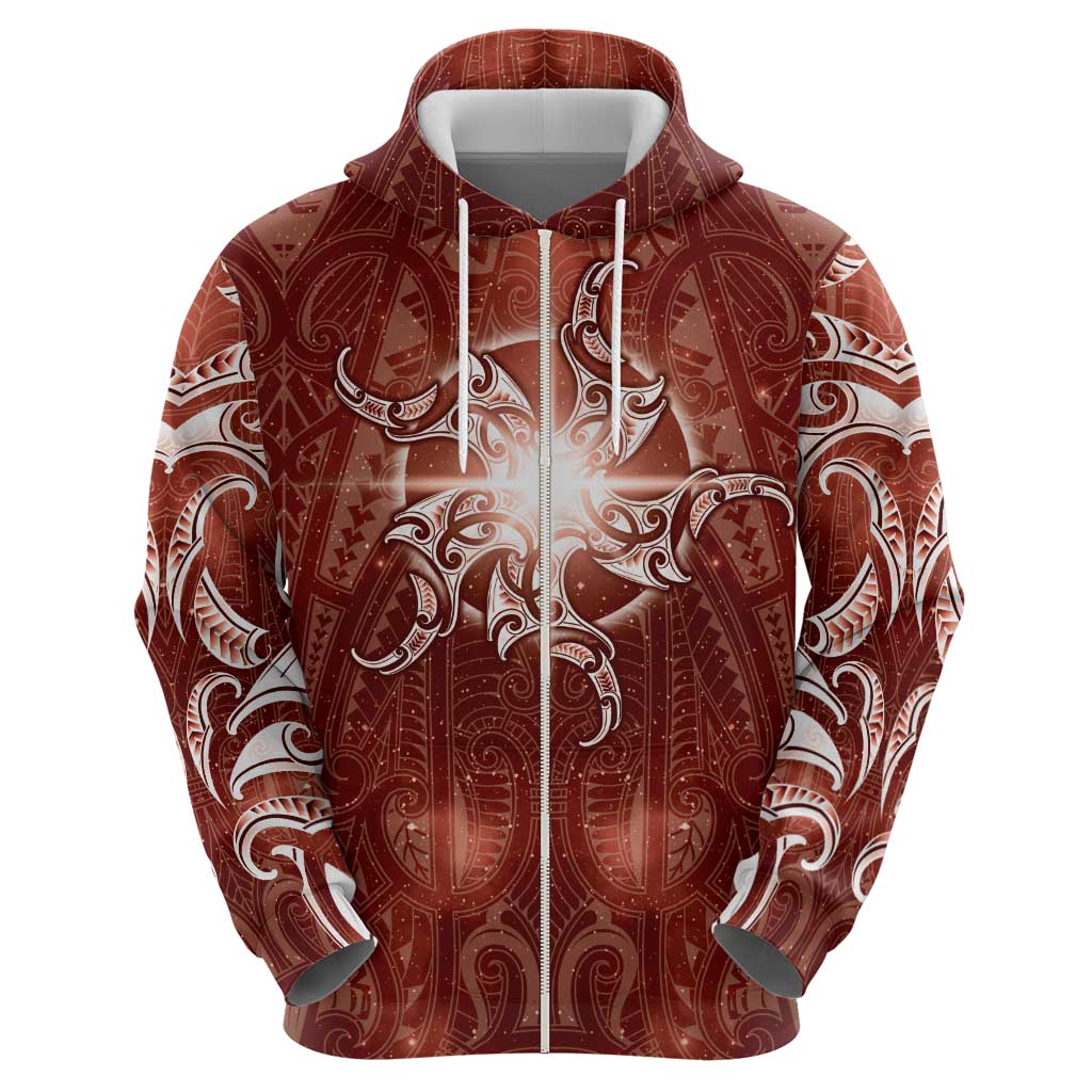 New Zealand Matariki Pohutukawa Zip Hoodie Maori Moko Red Galaxy