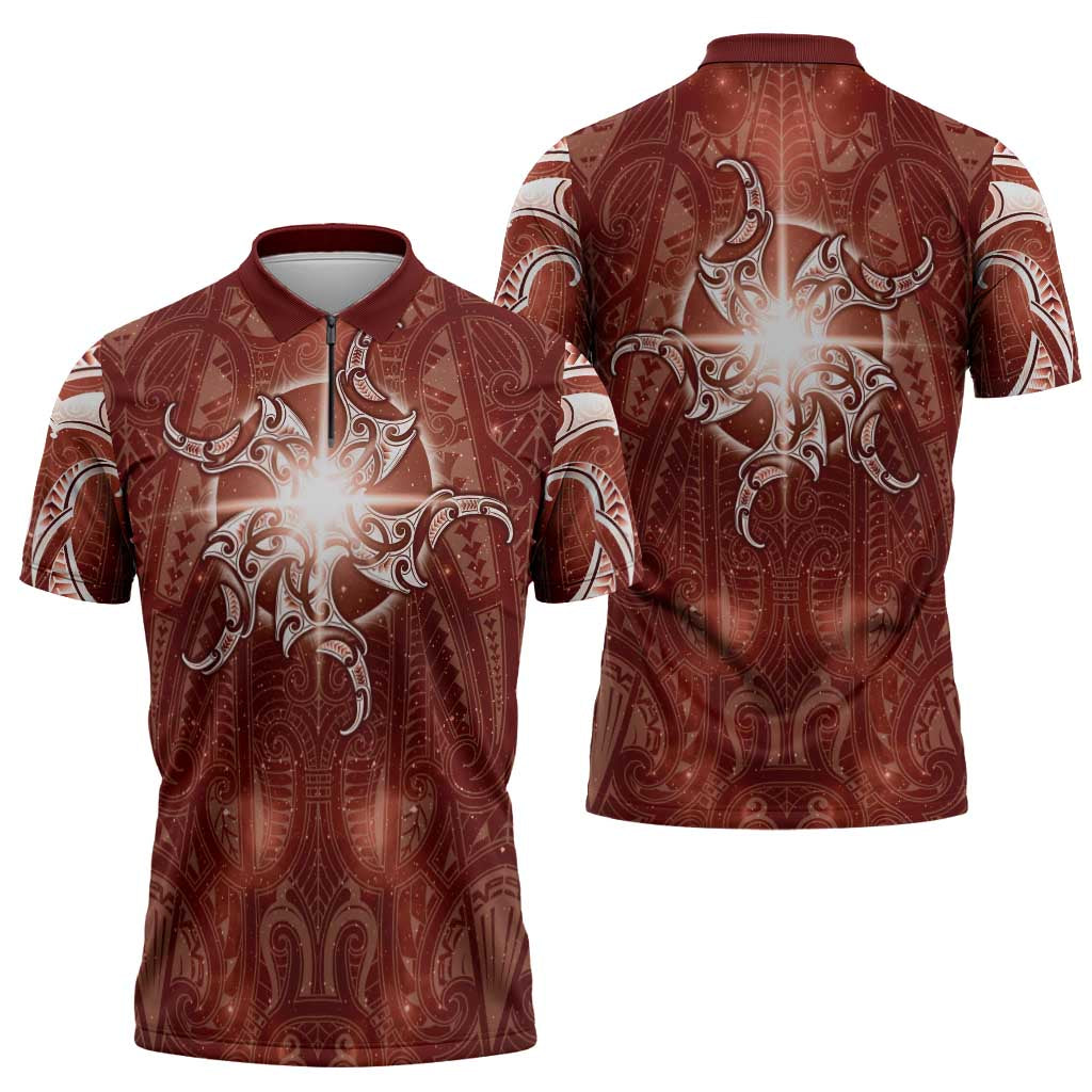 New Zealand Matariki Pohutukawa Zipper Polo Shirt Maori Moko Red Galaxy