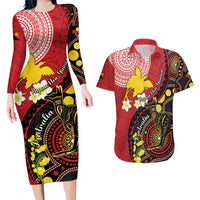 Papua New Guinea And Australia Aboriginal Couples Matching Long Sleeve Bodycon Dress and Hawaiian Shirt Bird Of Paradise And Kangaroo Together LT05 Red - Polynesian Pride