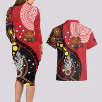 Papua New Guinea And Australia Aboriginal Couples Matching Long Sleeve Bodycon Dress and Hawaiian Shirt Bird Of Paradise And Kangaroo Together LT05 - Polynesian Pride