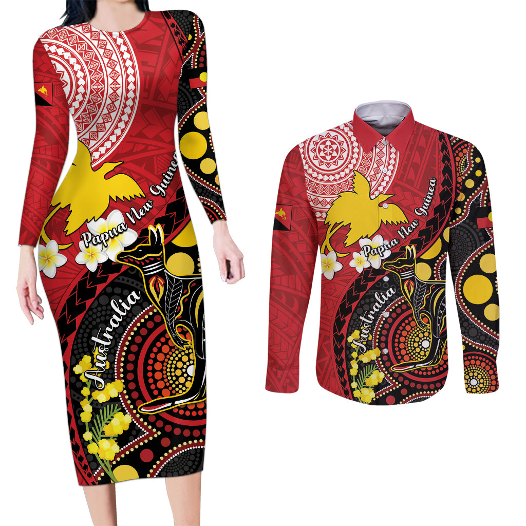 Papua New Guinea And Australia Aboriginal Couples Matching Long Sleeve Bodycon Dress and Long Sleeve Button Shirt Bird Of Paradise And Kangaroo Together LT05 Red - Polynesian Pride