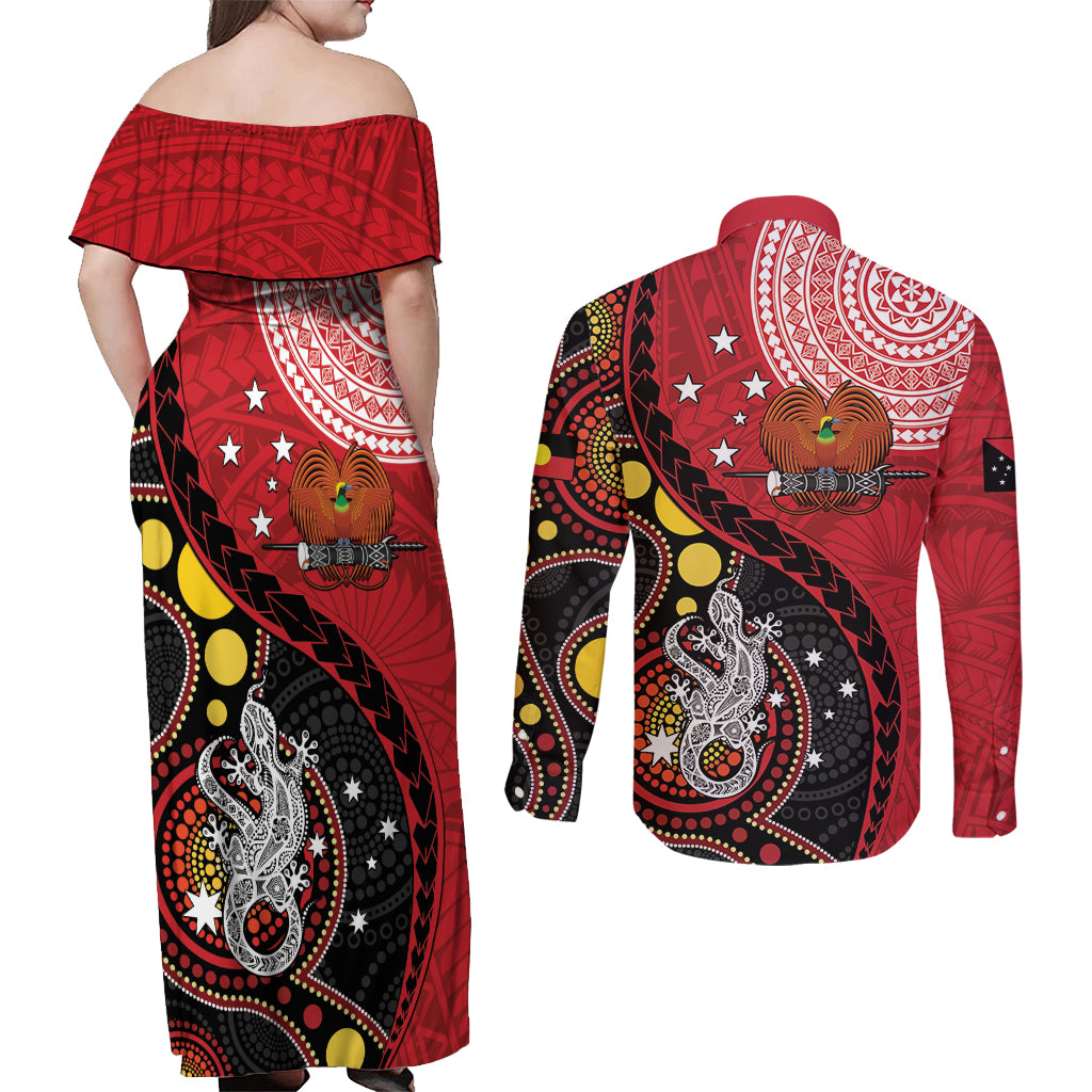 Papua New Guinea And Australia Aboriginal Couples Matching Off Shoulder Maxi Dress and Long Sleeve Button Shirt Bird Of Paradise And Kangaroo Together LT05 - Polynesian Pride
