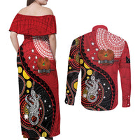 Papua New Guinea And Australia Aboriginal Couples Matching Off Shoulder Maxi Dress and Long Sleeve Button Shirt Bird Of Paradise And Kangaroo Together LT05 - Polynesian Pride
