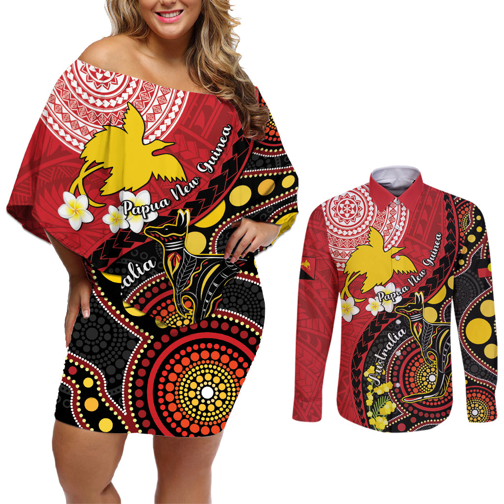 Papua New Guinea And Australia Aboriginal Couples Matching Off Shoulder Short Dress and Long Sleeve Button Shirt Bird Of Paradise And Kangaroo Together LT05 Red - Polynesian Pride
