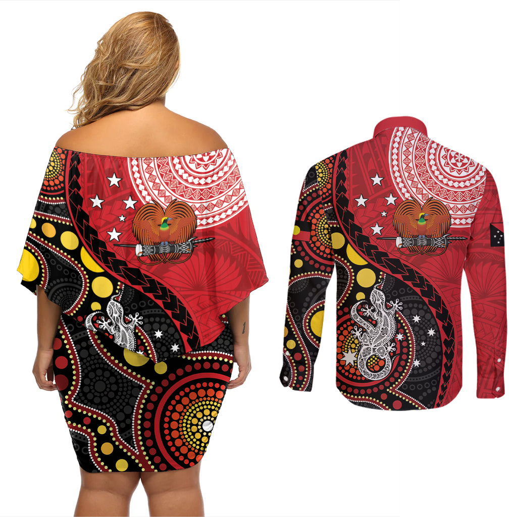 Papua New Guinea And Australia Aboriginal Couples Matching Off Shoulder Short Dress and Long Sleeve Button Shirt Bird Of Paradise And Kangaroo Together LT05 - Polynesian Pride