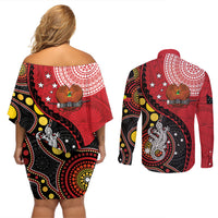 Papua New Guinea And Australia Aboriginal Couples Matching Off Shoulder Short Dress and Long Sleeve Button Shirt Bird Of Paradise And Kangaroo Together LT05 - Polynesian Pride