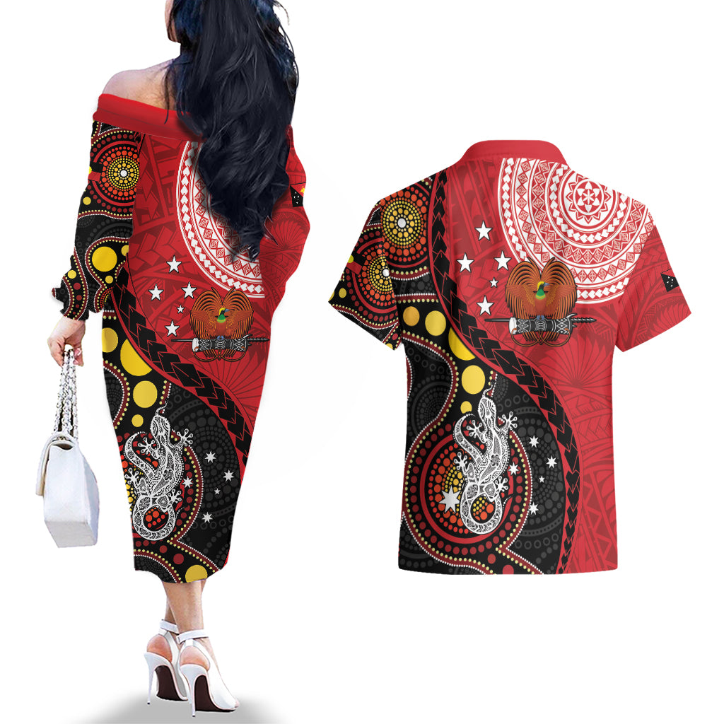 Papua New Guinea And Australia Aboriginal Couples Matching Off The Shoulder Long Sleeve Dress and Hawaiian Shirt Bird Of Paradise And Kangaroo Together LT05 - Polynesian Pride