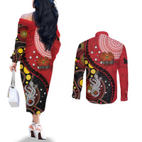 Papua New Guinea And Australia Aboriginal Couples Matching Off The Shoulder Long Sleeve Dress and Long Sleeve Button Shirt Bird Of Paradise And Kangaroo Together LT05 - Polynesian Pride