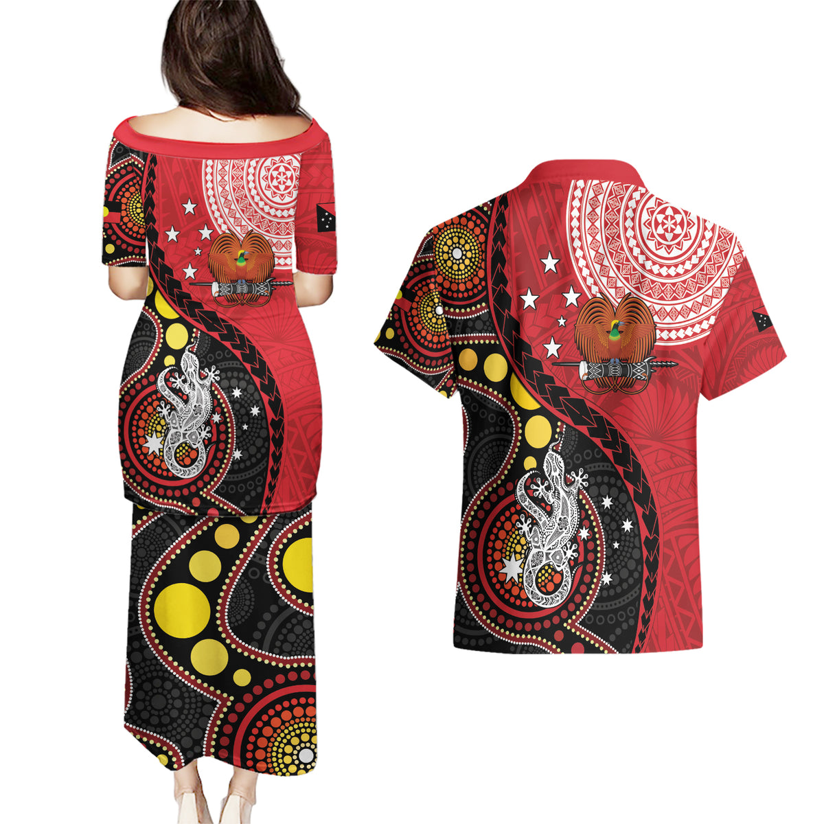 Papua New Guinea And Australia Aboriginal Couples Matching Puletasi and Hawaiian Shirt Bird Of Paradise And Kangaroo Together LT05 - Polynesian Pride