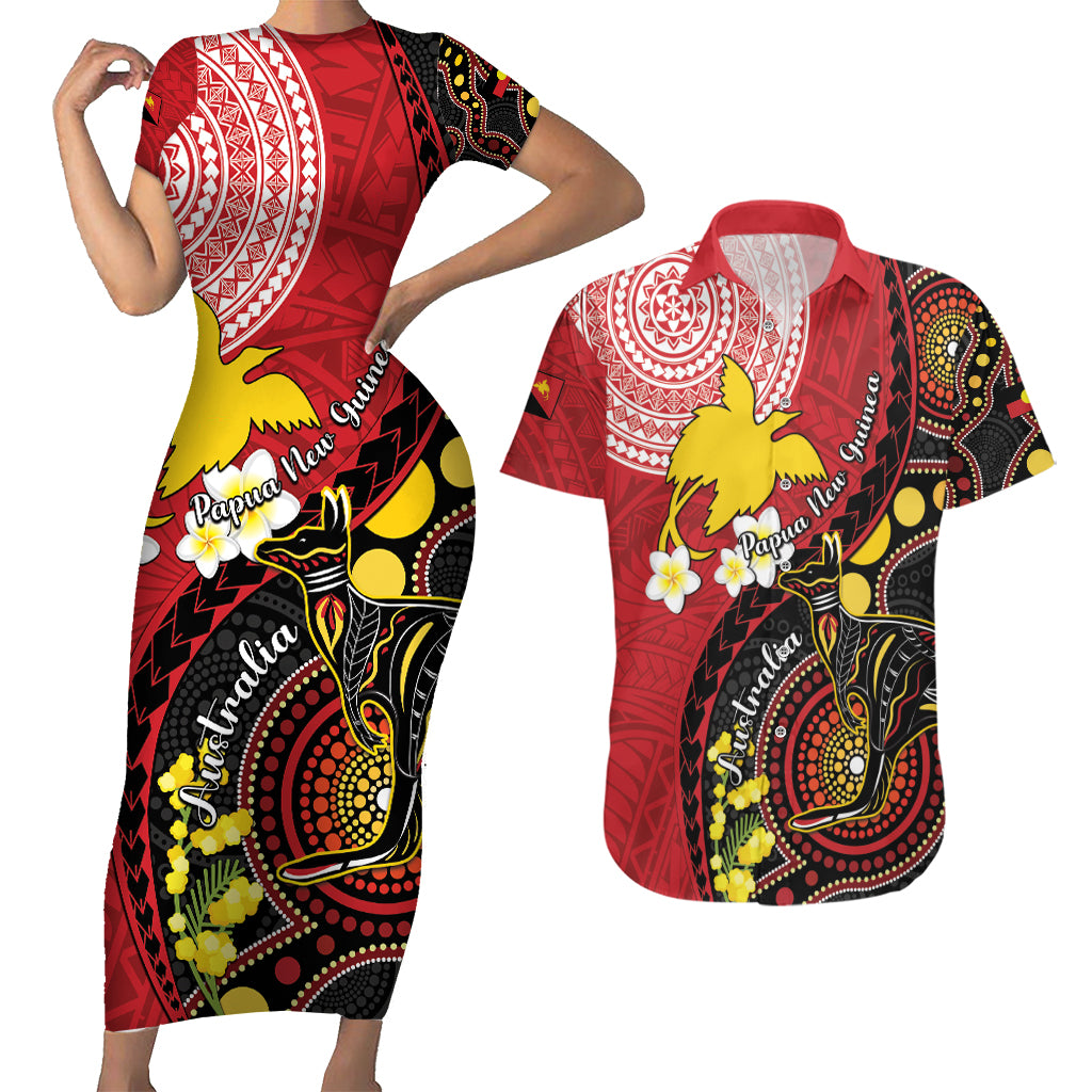 Papua New Guinea And Australia Aboriginal Couples Matching Short Sleeve Bodycon Dress and Hawaiian Shirt Bird Of Paradise And Kangaroo Together LT05 Red - Polynesian Pride