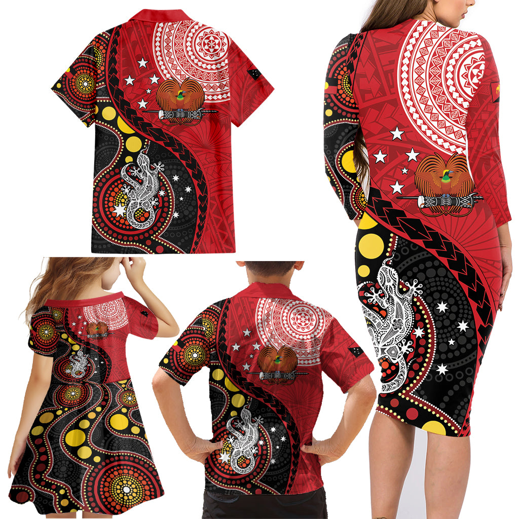 Papua New Guinea And Australia Aboriginal Family Matching Long Sleeve Bodycon Dress and Hawaiian Shirt Bird Of Paradise And Kangaroo Together LT05 - Polynesian Pride