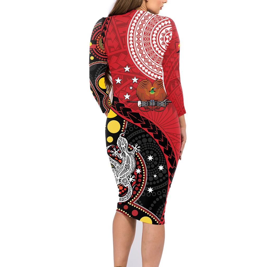 Papua New Guinea And Australia Aboriginal Family Matching Long Sleeve Bodycon Dress and Hawaiian Shirt Bird Of Paradise And Kangaroo Together LT05 - Polynesian Pride