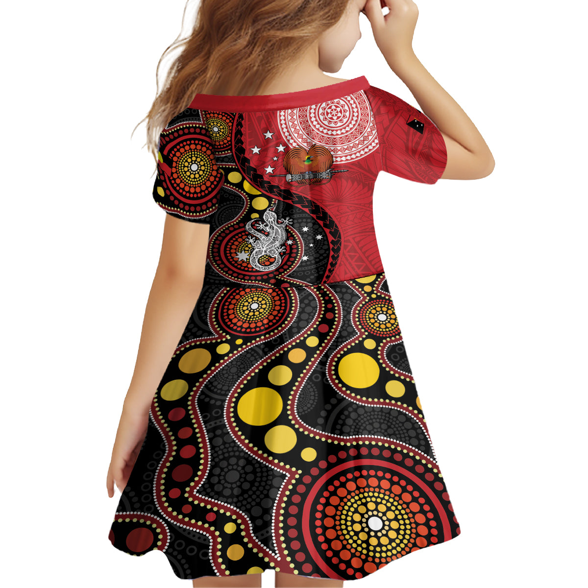 Papua New Guinea And Australia Aboriginal Family Matching Off The Shoulder Long Sleeve Dress and Hawaiian Shirt Bird Of Paradise And Kangaroo Together LT05 - Polynesian Pride