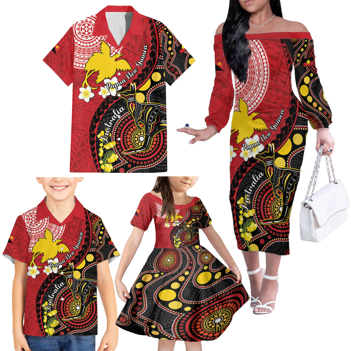 Papua New Guinea And Australia Aboriginal Family Matching Off The Shoulder Long Sleeve Dress and Hawaiian Shirt Bird Of Paradise And Kangaroo Together LT05 - Polynesian Pride