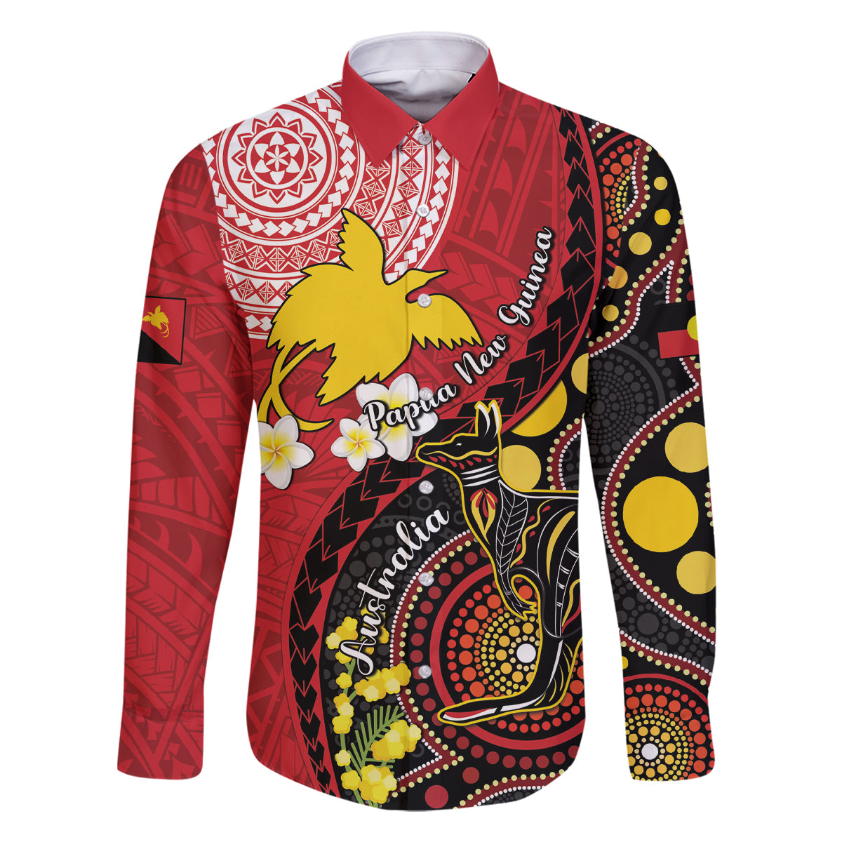 Papua New Guinea And Australia Aboriginal Family Matching Off The Shoulder Long Sleeve Dress and Hawaiian Shirt Bird Of Paradise And Kangaroo Together LT05 Dad's Shirt - Long Sleeve Red - Polynesian Pride