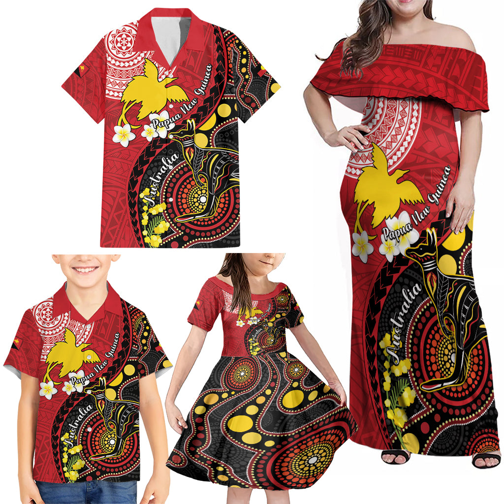 Papua New Guinea And Australia Aboriginal Family Matching Off Shoulder Maxi Dress and Hawaiian Shirt Bird Of Paradise And Kangaroo Together LT05 - Polynesian Pride