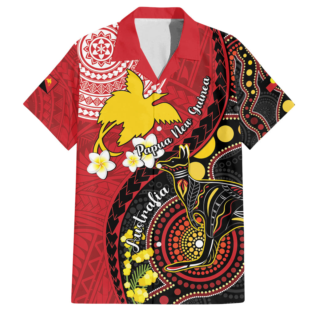 Papua New Guinea And Australia Aboriginal Family Matching Off Shoulder Maxi Dress and Hawaiian Shirt Bird Of Paradise And Kangaroo Together LT05 Dad's Shirt - Short Sleeve Red - Polynesian Pride