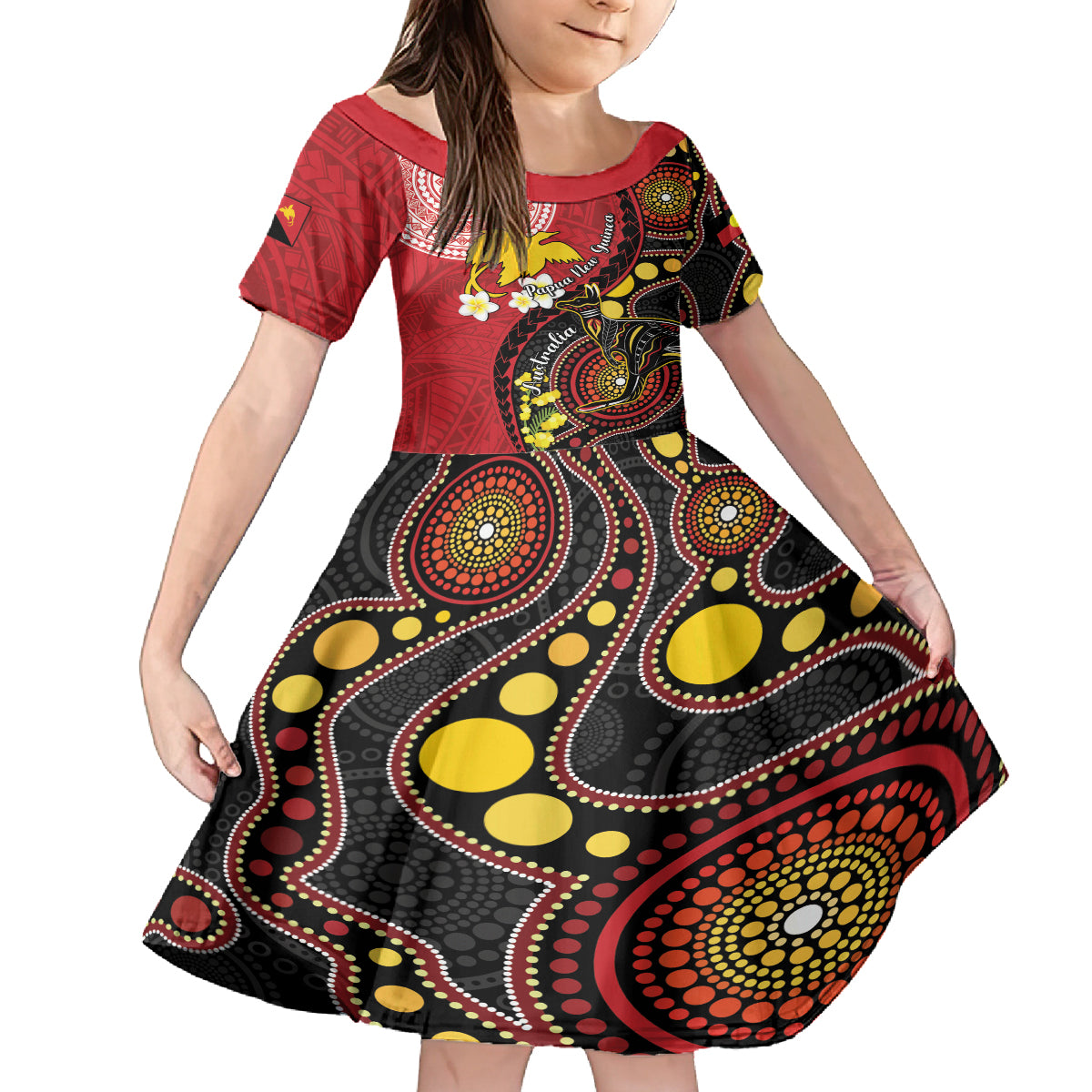Papua New Guinea And Australia Aboriginal Family Matching Puletasi and Hawaiian Shirt Bird Of Paradise And Kangaroo Together LT05 Daughter's Dress Red - Polynesian Pride