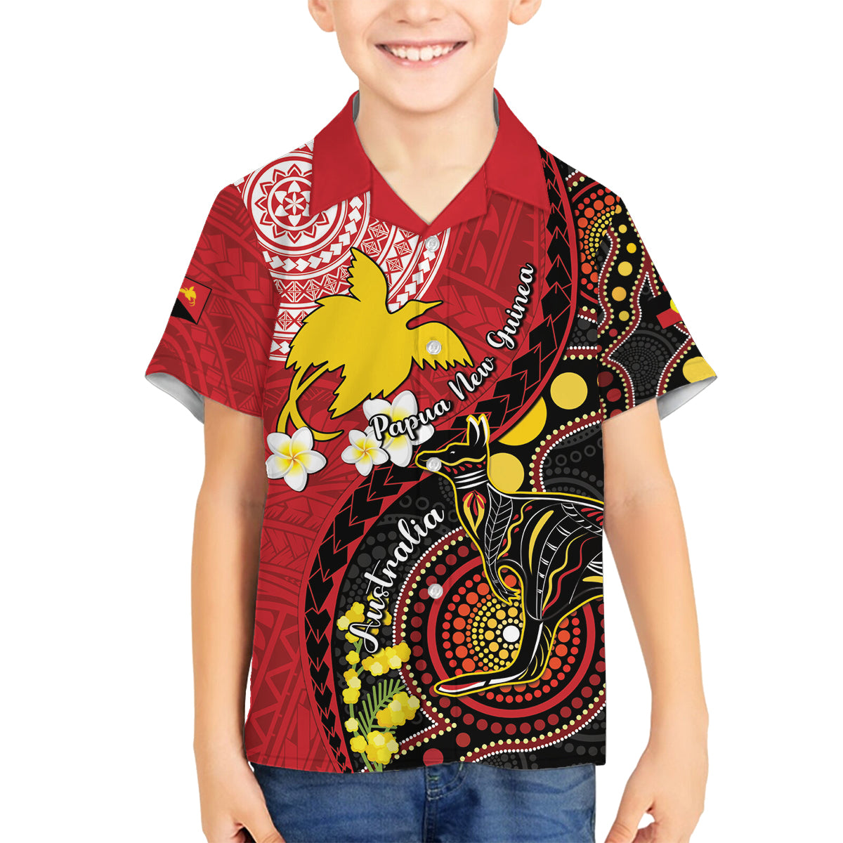 Papua New Guinea And Australia Aboriginal Family Matching Puletasi and Hawaiian Shirt Bird Of Paradise And Kangaroo Together LT05 Son's Shirt Red - Polynesian Pride
