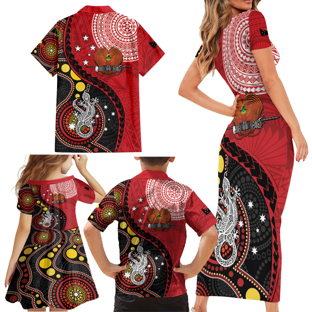 Papua New Guinea And Australia Aboriginal Family Matching Short Sleeve Bodycon Dress and Hawaiian Shirt Bird Of Paradise And Kangaroo Together LT05 - Polynesian Pride