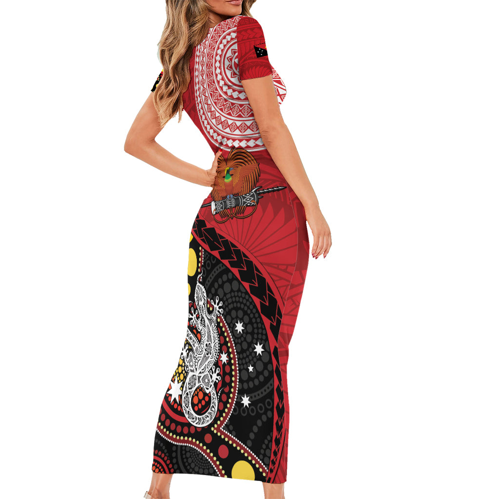 Papua New Guinea And Australia Aboriginal Family Matching Short Sleeve Bodycon Dress and Hawaiian Shirt Bird Of Paradise And Kangaroo Together LT05 - Polynesian Pride