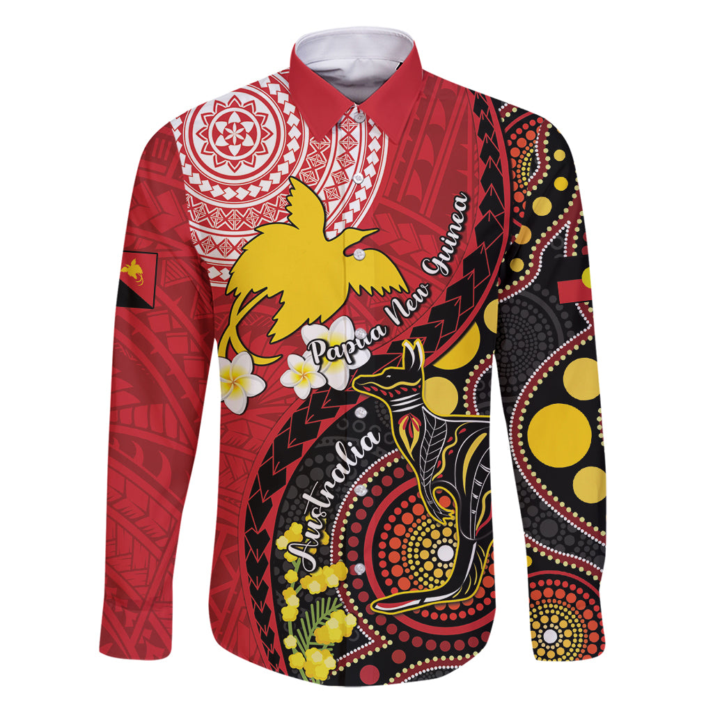 Papua New Guinea And Australia Aboriginal Family Matching Tank Maxi Dress and Hawaiian Shirt Bird Of Paradise And Kangaroo Together LT05 Dad's Shirt - Long Sleeve Red - Polynesian Pride