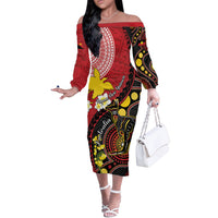 Papua New Guinea And Australia Aboriginal Off The Shoulder Long Sleeve Dress Bird Of Paradise And Kangaroo Together LT05 Women Red - Polynesian Pride