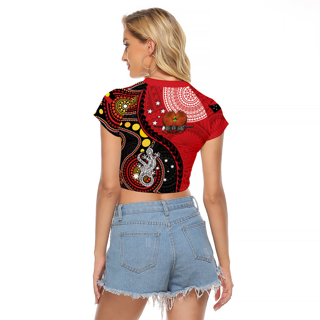 Papua New Guinea And Australia Aboriginal Raglan Cropped T Shirt Bird Of Paradise And Kangaroo Together