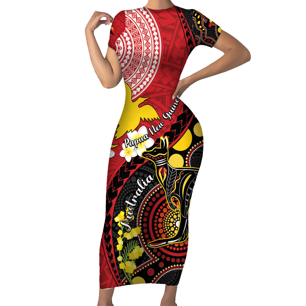 Papua New Guinea And Australia Aboriginal Short Sleeve Bodycon Dress Bird Of Paradise And Kangaroo Together LT05 Long Dress Red - Polynesian Pride