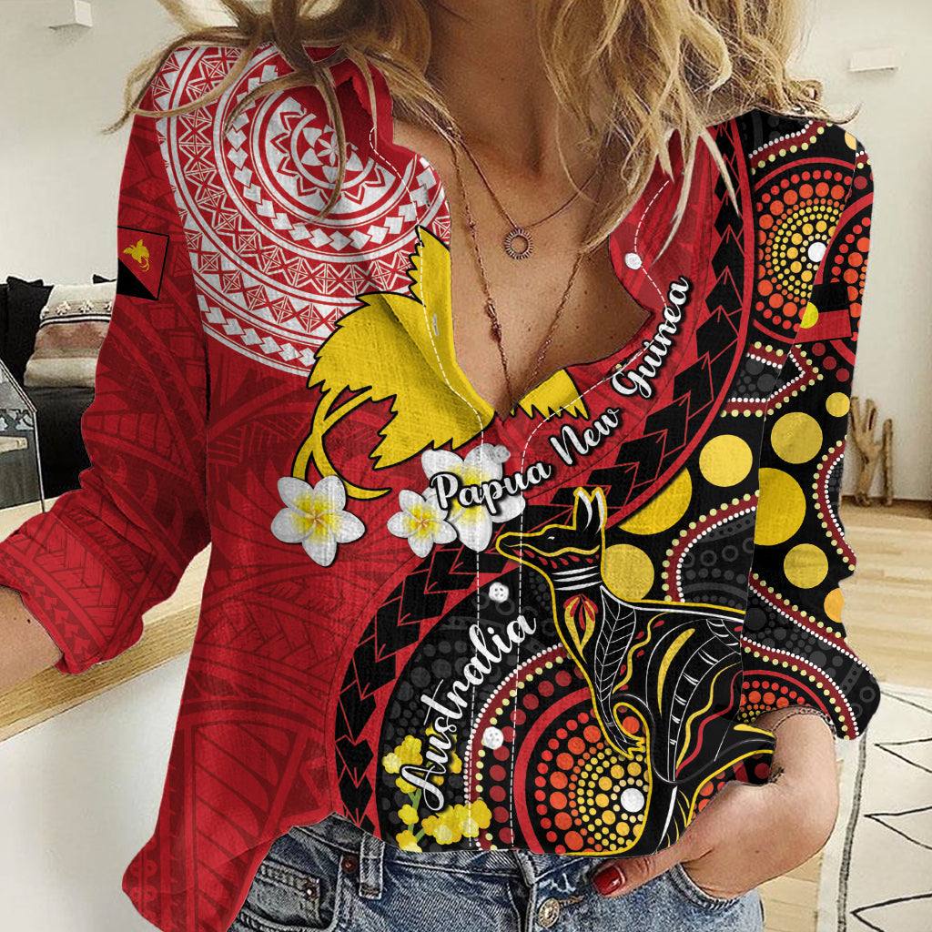 Papua New Guinea And Australia Aboriginal Women Casual Shirt Bird Of Paradise And Kangaroo Together LT05 Female Red - Polynesian Pride