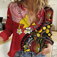 Papua New Guinea And Australia Aboriginal Women Casual Shirt Bird Of Paradise And Kangaroo Together LT05 Female Red - Polynesian Pride