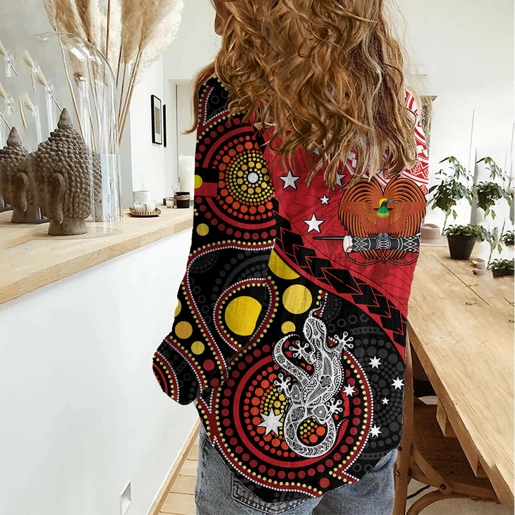 Papua New Guinea And Australia Aboriginal Women Casual Shirt Bird Of Paradise And Kangaroo Together LT05 - Polynesian Pride
