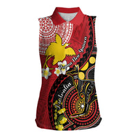 Papua New Guinea And Australia Aboriginal Women Sleeveless Polo Shirt Bird Of Paradise And Kangaroo Together LT05 Female Red - Polynesian Pride
