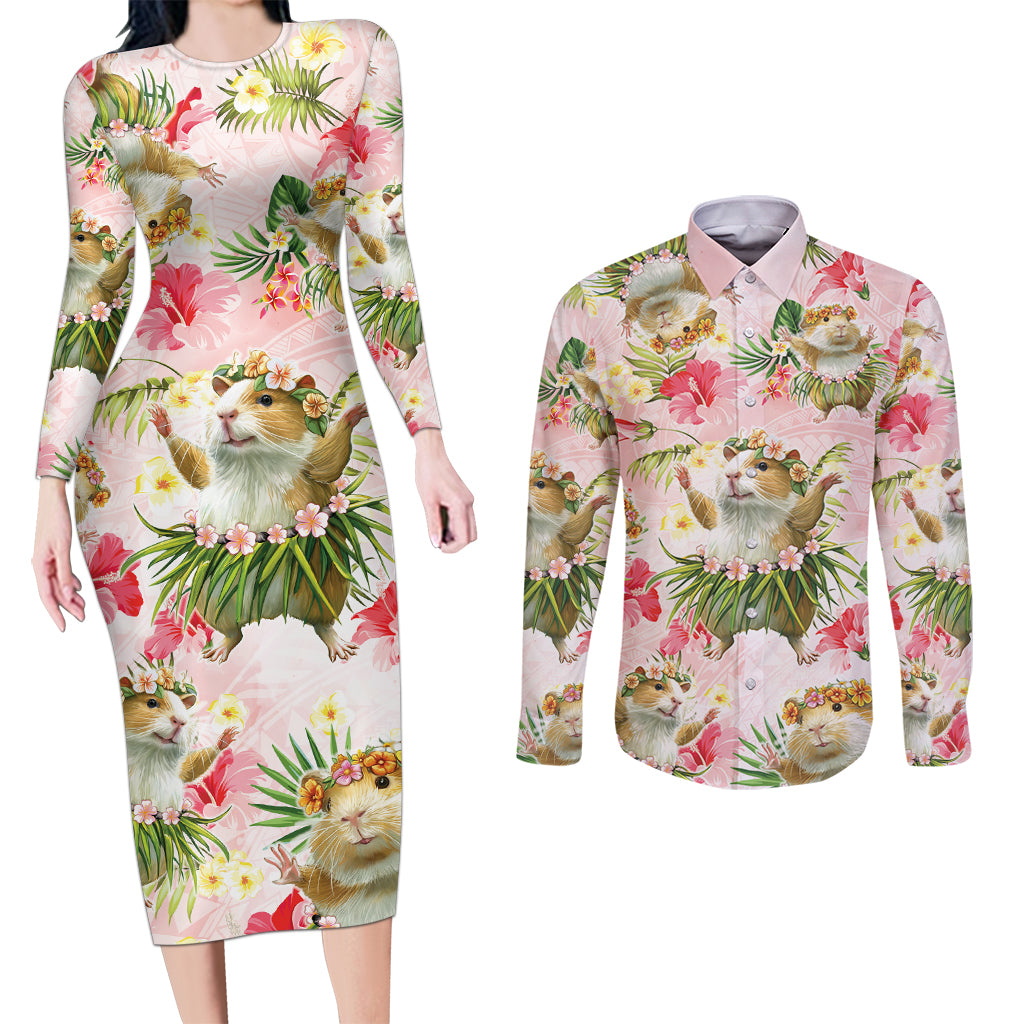 Hawaii Guinea Hula Pig Couples Matching Long Sleeve Bodycon Dress and Long Sleeve Button Shirt Funny Tropical Style