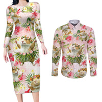 Hawaii Guinea Hula Pig Couples Matching Long Sleeve Bodycon Dress and Long Sleeve Button Shirt Funny Tropical Style