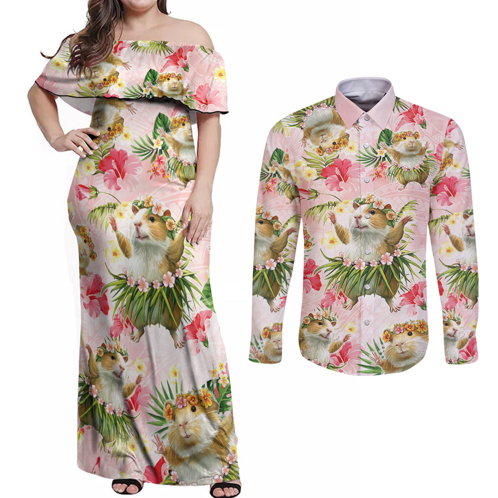 Hawaii Guinea Hula Pig Couples Matching Off Shoulder Maxi Dress and Long Sleeve Button Shirt Funny Tropical Style