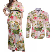 Hawaii Guinea Hula Pig Couples Matching Off Shoulder Maxi Dress and Long Sleeve Button Shirt Funny Tropical Style