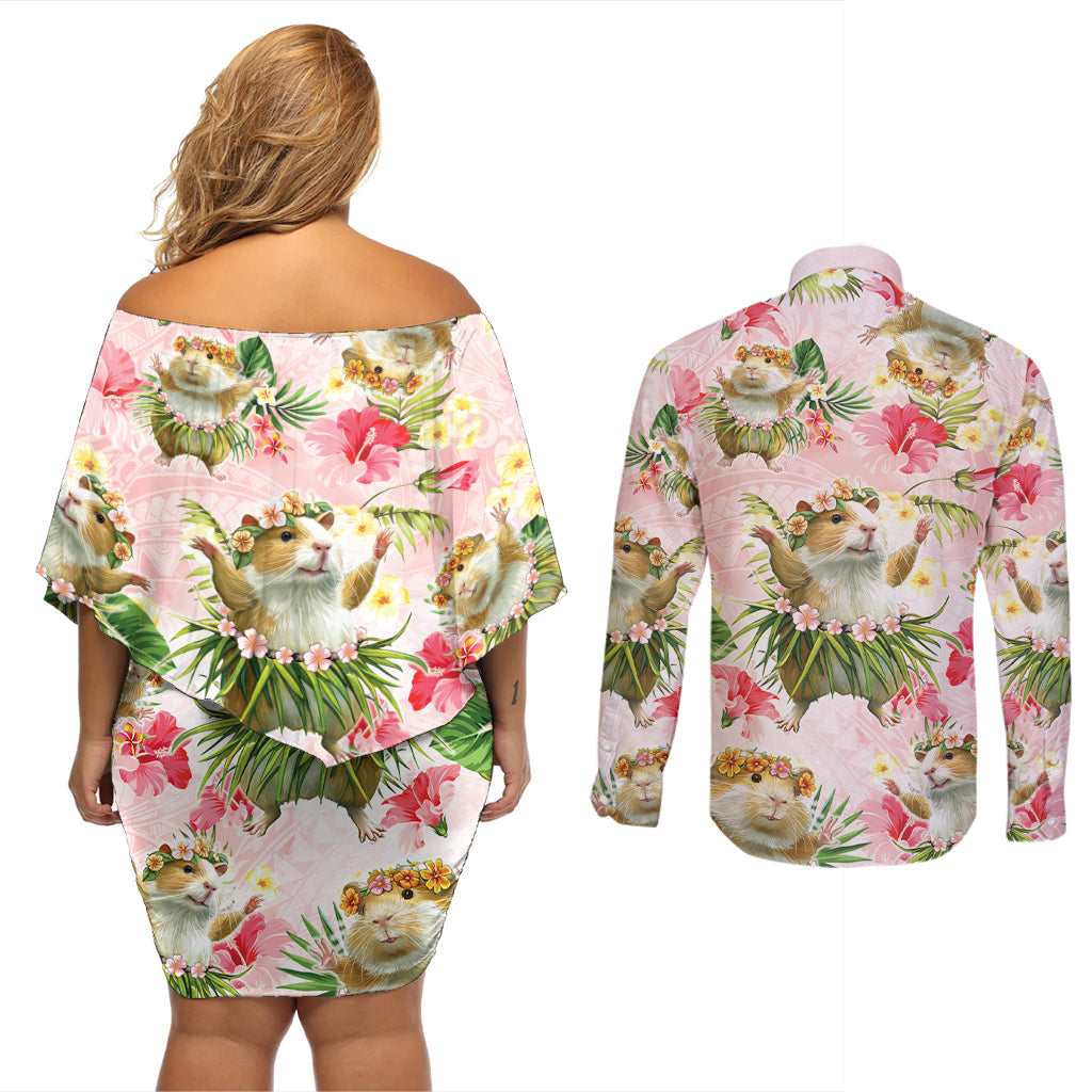 Hawaii Guinea Hula Pig Couples Matching Off Shoulder Short Dress and Long Sleeve Button Shirt Funny Tropical Style
