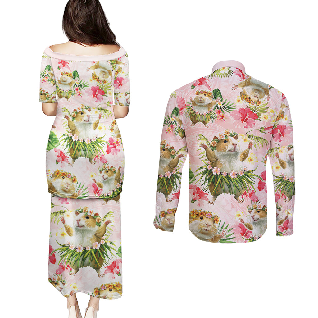 Hawaii Guinea Hula Pig Couples Matching Puletasi and Long Sleeve Button Shirt Funny Tropical Style