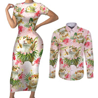 Hawaii Guinea Hula Pig Couples Matching Short Sleeve Bodycon Dress and Long Sleeve Button Shirt Funny Tropical Style