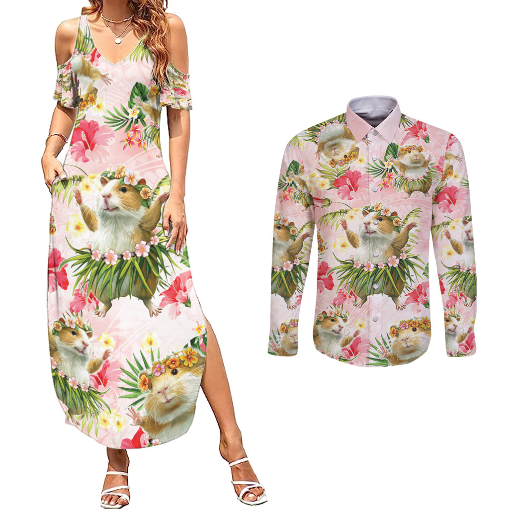Hawaii Guinea Hula Pig Couples Matching Summer Maxi Dress and Long Sleeve Button Shirt Funny Tropical Style