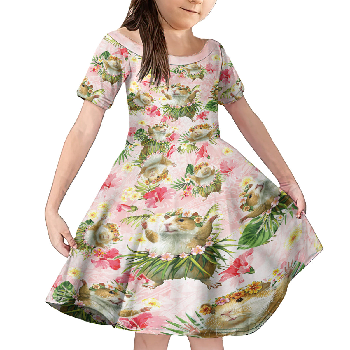 Hawaii Guinea Hula Pig Family Matching Off The Shoulder Long Sleeve Dress and Hawaiian Shirt Funny Tropical Style LT05 Daughter's Dress Pink - Polynesian Pride