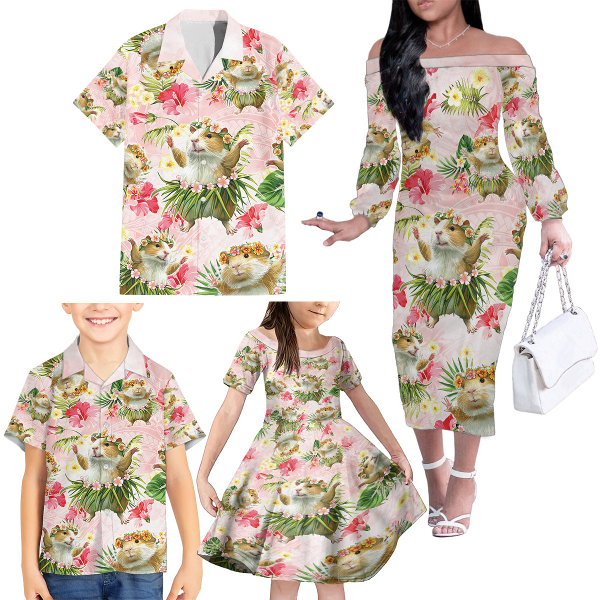 Hawaii Guinea Hula Pig Family Matching Off The Shoulder Long Sleeve Dress and Hawaiian Shirt Funny Tropical Style LT05 - Polynesian Pride