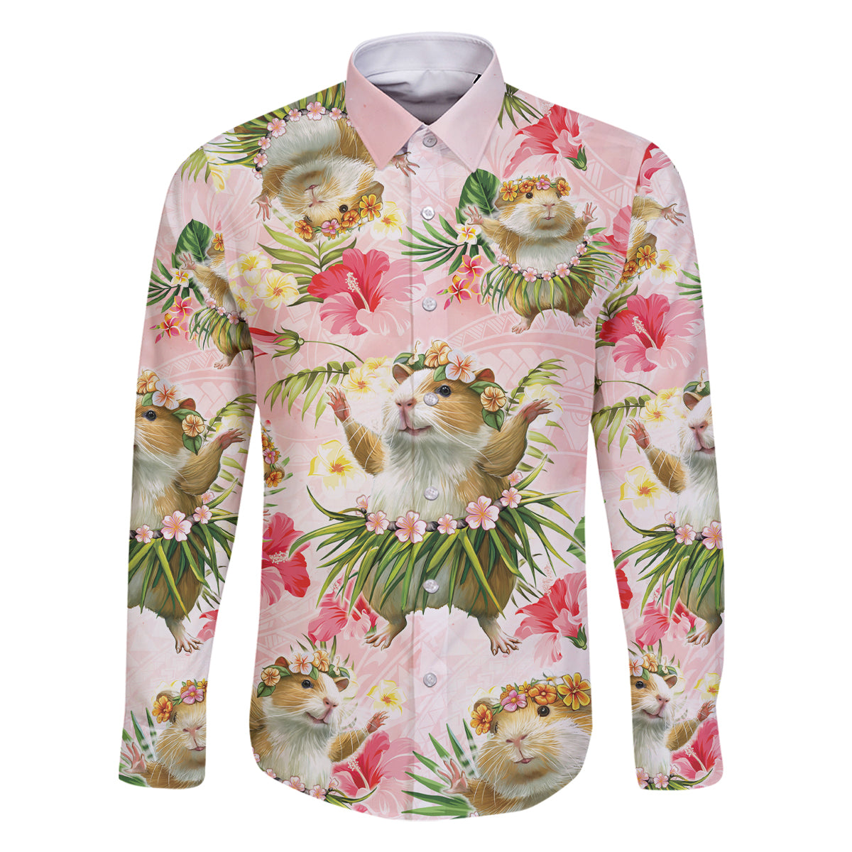 Hawaii Guinea Hula Pig Family Matching Off The Shoulder Long Sleeve Dress and Hawaiian Shirt Funny Tropical Style LT05 Dad's Shirt - Long Sleeve Pink - Polynesian Pride
