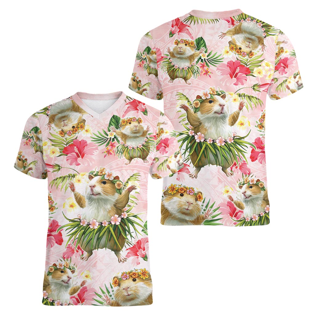 Hawaii Guinea Hula Pig Women V-Neck T-Shirt Funny Tropical Style