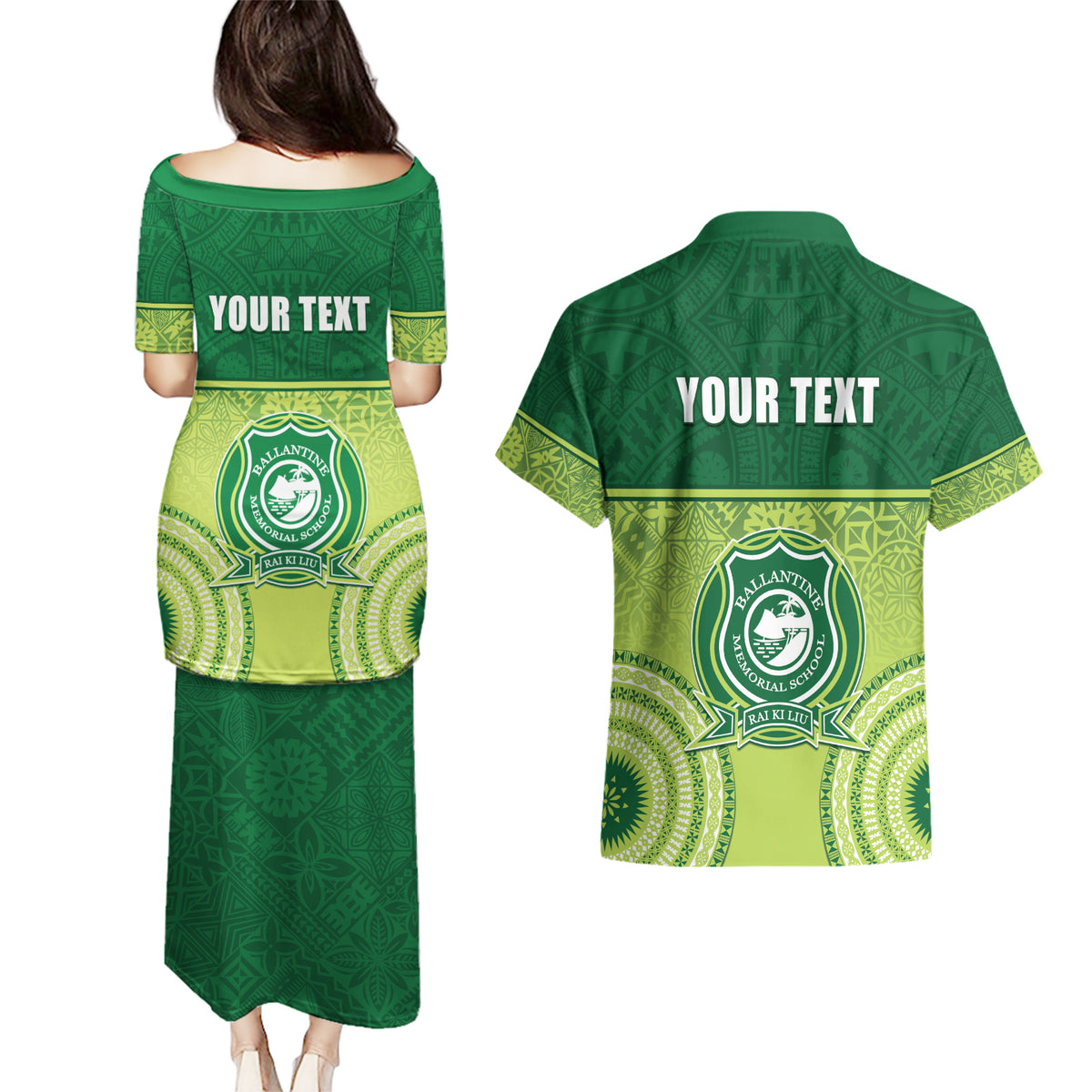 Personalised Ballantine Memorial School Couples Matching Puletasi and Hawaiian Shirt With Fijian Tapa Pattern