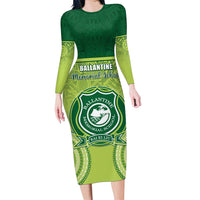 Personalised Ballantine Memorial School Family Matching Long Sleeve Bodycon Dress and Hawaiian Shirt With Fijian Tapa Pattern LT05 Mom's Dress Green - Polynesian Pride