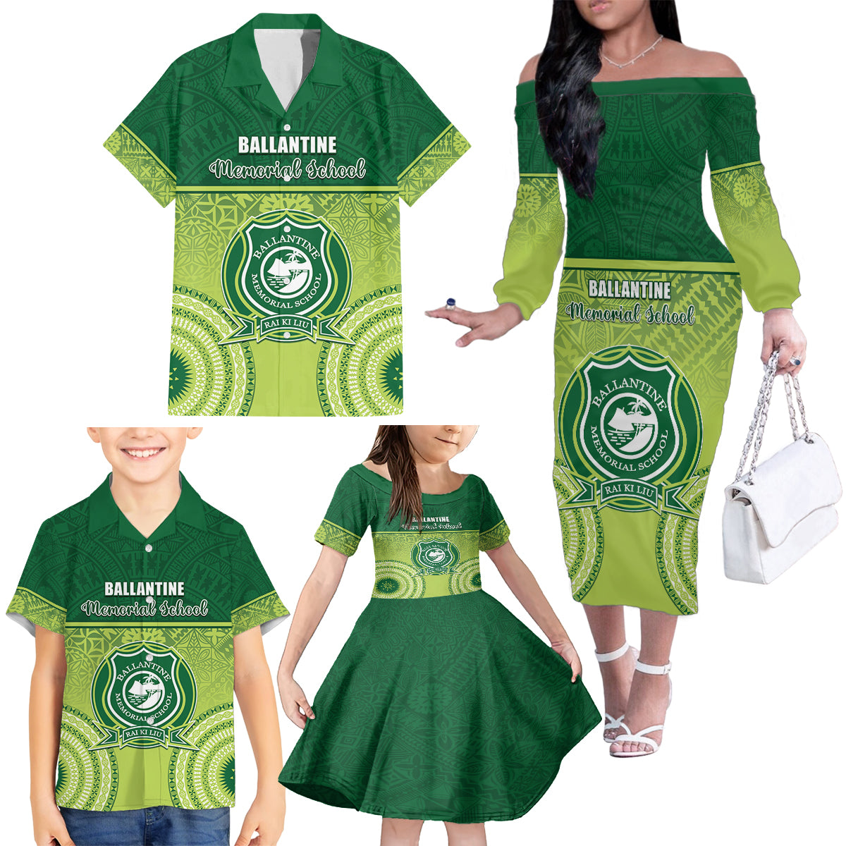 Personalised Ballantine Memorial School Family Matching Off The Shoulder Long Sleeve Dress and Hawaiian Shirt With Fijian Tapa Pattern LT05 - Polynesian Pride