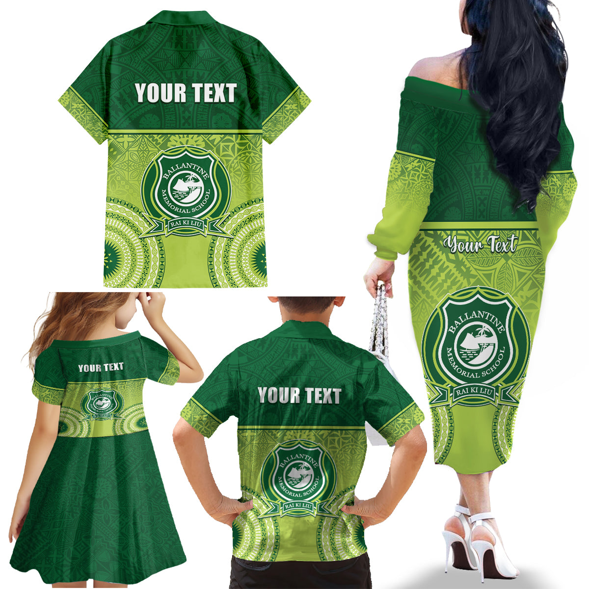 Personalised Ballantine Memorial School Family Matching Off The Shoulder Long Sleeve Dress and Hawaiian Shirt With Fijian Tapa Pattern LT05 - Polynesian Pride
